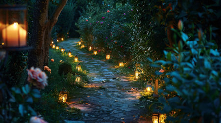 A candlelit pathway leading through a garden, creating a magical and enchanting ambiance for an evening strollの素材