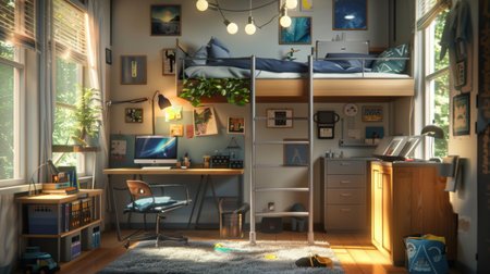 A teenager's bedroom with a loft bed, study area, and personal decor reflecting their hobbies and interests, providing a functional and personalized space.の素材