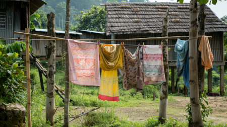 A traditional bamboo clothesline with hand-washed garments hanging to dry in a rural village settingの素材