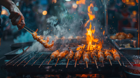 A street food vendor grilling shrimp skewers on a charcoal grill at a night market, with flames flickering and the aroma of seafood filling the air.の素材