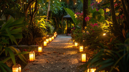 A candlelit pathway leading through a garden, creating a magical and enchanting ambiance for an evening strollの素材