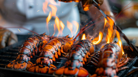A chef grilling succulent lobster tails over an open flame, creating a mouthwatering seafood dish with charred smoky flavor.の素材