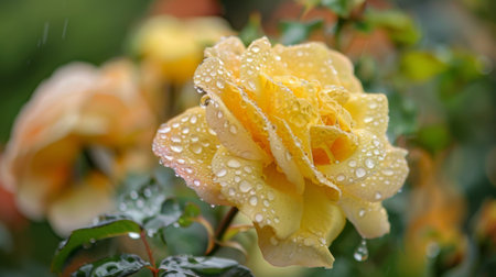A cluster of raindrops adorning the soft petals of a yellow rose, creating a stunning display of nature's artistryの素材
