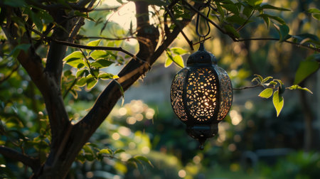 A decorative lantern hanging from a tree branch, casting intricate patterns of light and shadow in a gardenの素材