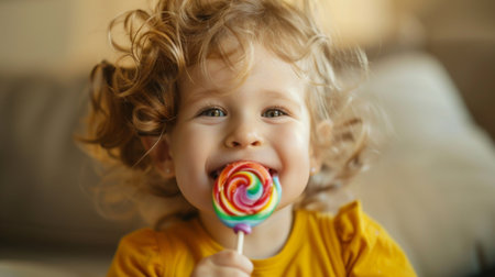 A delighted toddler giggling with glee while holding a colorful lollipop, their eyes shining bright with innocent happinessの素材