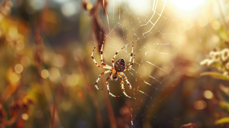 A curious orb-weaver spider suspended in mid-air, its delicate silk thread glistening in the sunlight against a blurred backgroundの素材