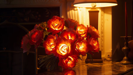 A beautiful bouquet of illuminated fire flowers, radiating warmth and color in a dimly lit roomの素材