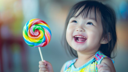A delighted toddler giggling with glee while holding a colorful lollipop, their eyes shining bright with innocent happinessの素材