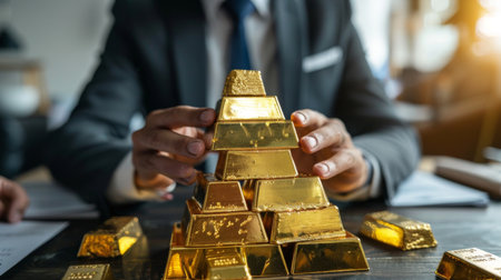 A businessman examining a pile of gold bars on a table, representing investment opportunities in precious metals.の素材