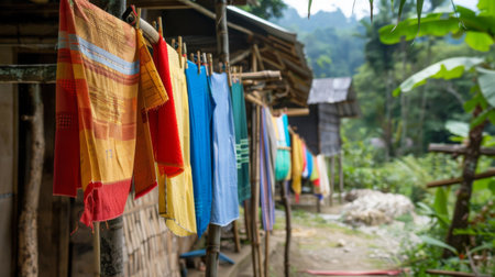 A traditional bamboo clothesline with hand-washed garments hanging to dry in a rural village settingの素材