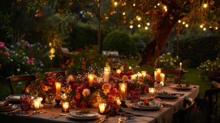 A candlelit dinner party in a garden, with candles illuminating a table adorned with flowers and elegant tablewareの素材