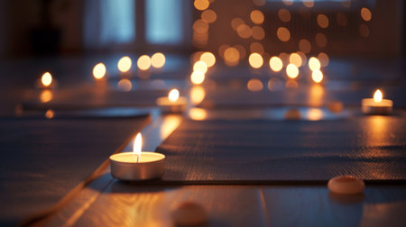 A candlelit yoga session with candles arranged around a yoga mat, enhancing relaxation and mindfulnessの素材