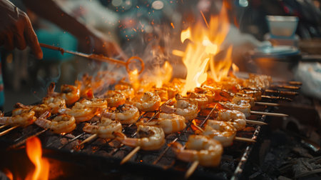 A street food vendor grilling shrimp skewers on a charcoal grill at a night market, with flames flickering and the aroma of seafood filling the air.の素材