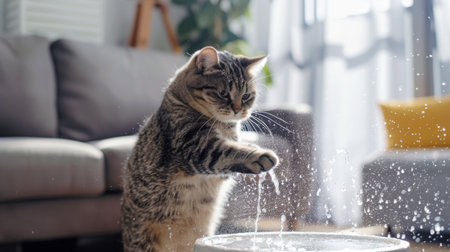 A chubby cat dipping its paw into a pet water fountain, splashing water around in a cozy and bright living roomの素材