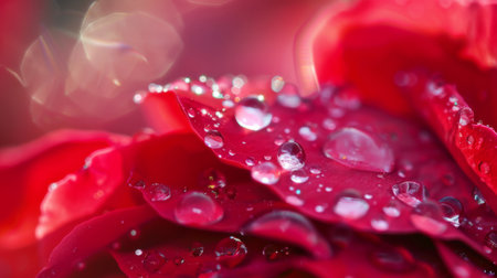 A dewdrop glistening on the petal of a vibrant red rose, capturing the beauty of nature's delicate touchの素材