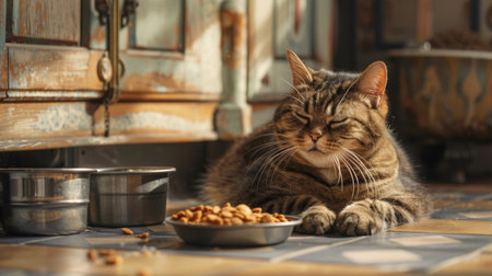 A fat cat enjoying its meal, sitting on a tiled kitchen floor with its food and water bowls placed neatlyの素材