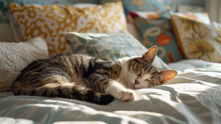 A chunky cat snoozing on a king-sized bed, nestled among decorative pillows in a tastefully decorated bedroomの素材