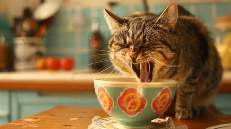 A chunky cat devouring a fish-shaped treat from a decorative bowl, in a colorful and modern kitchen environmentの素材