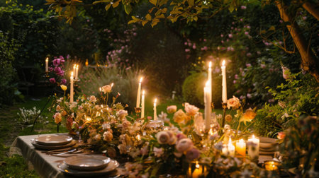 A candlelit dinner party in a garden, with candles illuminating a table adorned with flowers and elegant tablewareの素材