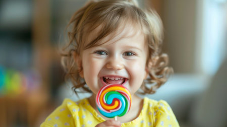 A delighted toddler giggling with glee while holding a colorful lollipop, their eyes shining bright with innocent happinessの素材