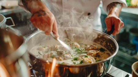 A chef preparing oyster stew in a large pot, simmering the bivalves with cream, herbs, and vegetables for a rich and savory dish.の素材