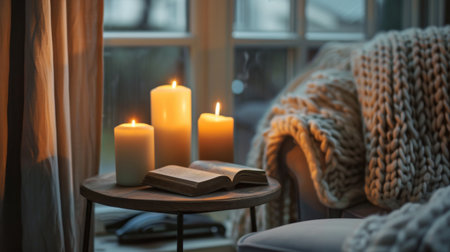 A cozy reading nook with candles placed on a side table, creating a soothing atmosphere for escaping into a good bookの素材