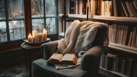 A cozy reading nook with candles placed on a side table, creating a soothing atmosphere for escaping into a good bookの素材