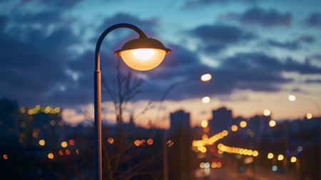 A streetlight shining brightly against a twilight sky, illuminating the city streets and providing a sense of securityの素材