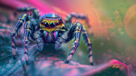 A close-up of a colorful jumping spider on a leaf, showcasing the intricate patterns and vibrant hues of nature's tiny marvelsの素材