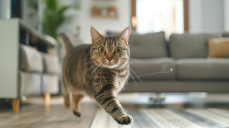A heavyset cat trying to chase a laser pointer, with determination in its eyes in a spacious and modern living roomの素材