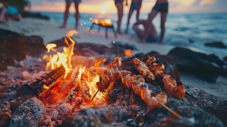 A group of friends grilling shrimp skewers over an open fire at a beach bonfire party, enjoying the salty breeze and sound of crashing waves.の素材