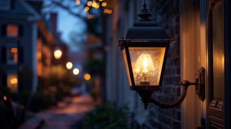 A vintage gas lamp glowing in the twilight, adding a touch of old-world charm to a historic city streetの素材