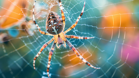 A macro shot of a garden spider spinning its web, capturing the meticulous craftsmanship of nature's master weaverの素材