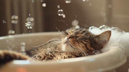 A fat cat enjoying a gentle bath in a small tub, surrounded by bubbles and looking relaxed in a clean bathroomの素材