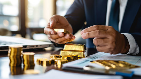 A financial advisor discussing gold investment options with a client, showcasing physical gold bars as a tangible asset.の素材
