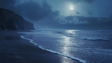 A tranquil beach scene illuminated by the soft light of the moon, with gentle waves lapping at the shoreの素材