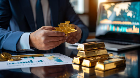 A financial consultant advising clients on the benefits of investing in physical gold bars as a hedge against economic uncertainty.の素材