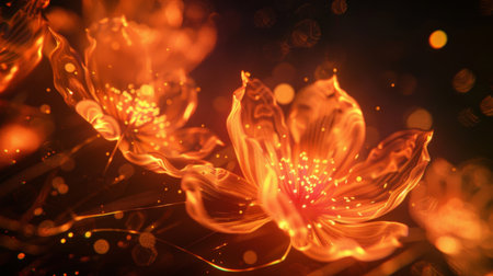 A mesmerizing close-up of glowing fire flowers, casting a warm and vibrant light against a dark backgroundの素材