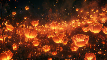 A mesmerizing display of fire flowers lighting up the night sky, filling the air with their enchanting glowの素材