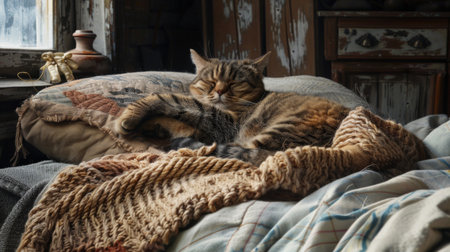 A large cat sound asleep on a soft bed, covered partially by a warm, knitted blanket in a rustic and charming bedroomの素材