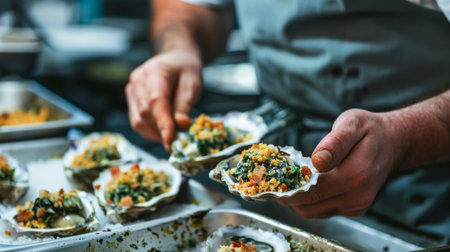 A seafood chef preparing oysters Rockefeller, topping each shell with a rich mixture of spinach, bacon, and breadcrumbs before baking.aの素材