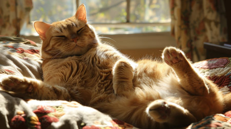 An obese cat lying belly up on a comfy bed, with a content smile on its face and sunlight pouring in from a nearby windowの素材