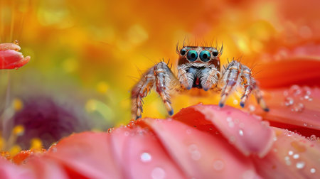 A jumping spider perched on a flower petal, its large eyes reflecting the surrounding environment as it waits for prey to approachの素材