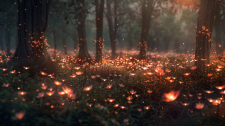 A magical forest illuminated by the soft glow of fire flowers, creating a whimsical and enchanting sceneの素材