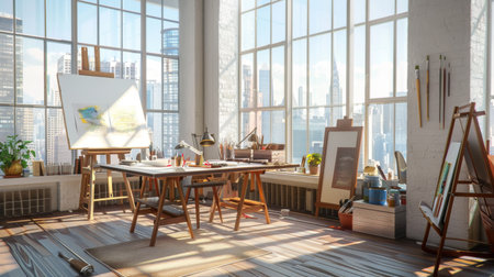An artist's workspace bathed in natural light from large windows, complemented by focused task lighting for detailed workの素材