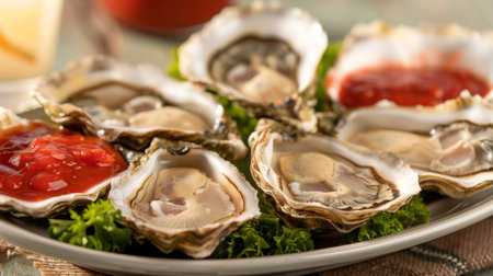A plate of oysters on the half-shell served with a spicy cocktail sauce and a side of horseradish, ready to be enjoyed as a classic appetizer.の素材