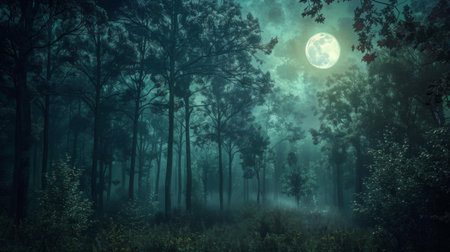 A mystical forest bathed in the ethereal light of the moon, with shadows dancing among the treesの素材