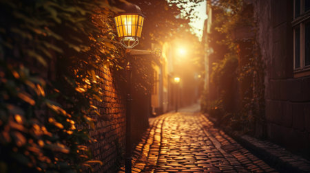 A vintage street lamp casting a warm glow on a cobblestone alley, evoking a sense of nostalgia and romanceの素材
