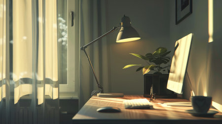 A minimalist desk lamp casting a focused beam of light on a workspace, promoting productivity and concentrationの素材