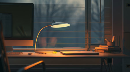 A minimalist desk lamp casting a focused beam of light on a workspace, promoting productivity and concentrationの素材